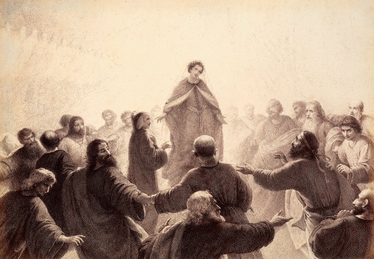 Dante och Beatrice är omringade av de vises andar som sjunger och dansar omkring dem. Illustration av Canto XIV i Paradiso i Den gudomliga komedin av Dante Alighieri. Verk av Franceso Scaramuzza tillägnat Florens kommun. av Unbekannter Künstler