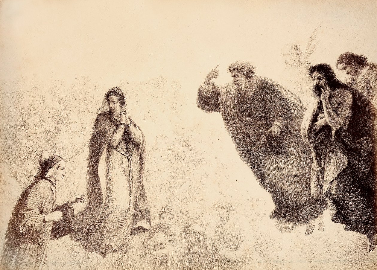Dante och Beatrice framför apostlarna Petrus, Jakob och Johannes ljusa andar. Petrus har armen höjd i ett tecken på vrede. Illustration av Canto XXVII i Paradiso i Den gudomliga komedin av Dante Alighieri. Verk av Francesco Scaramuzza tillägnat av Unbekannter Künstler