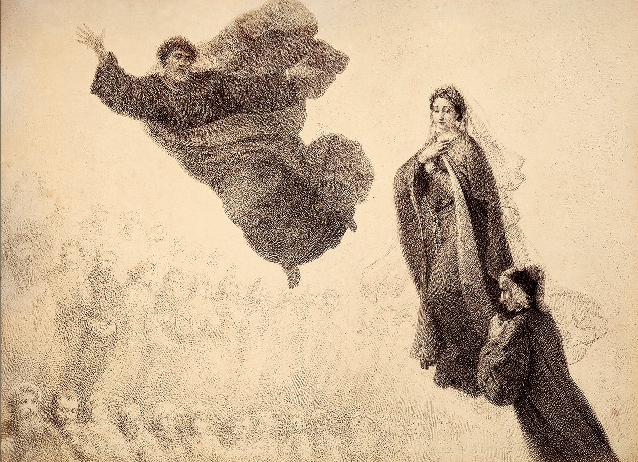 Dante och Beatrice möter Sankt Petrus. Illustration av Canto XXIV i Paradiso i Den gudomliga komedin av Dante Alighieri. Francesco Scaramuzzas verk tillägnat Florens kommun. av Unbekannter Künstler