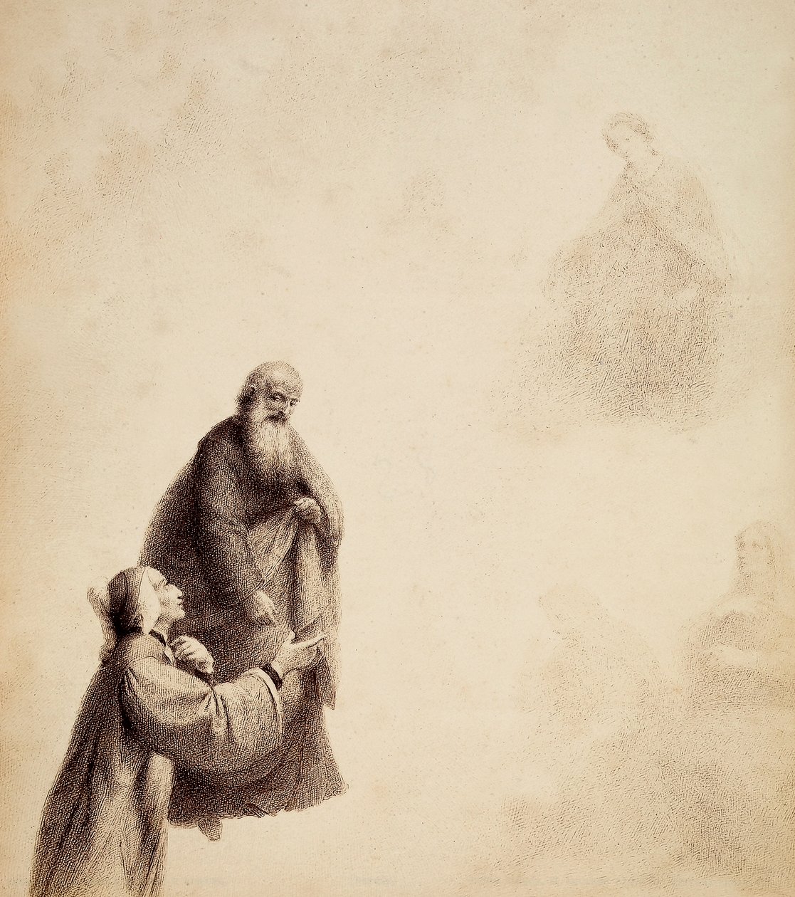 Dante, assisterad av Sankt Bernhard, ser Beatrice sitta på en tron bland de välsignade, i en gloria av ljus. Illustration av Canto XXXI i Paradiso i Den gudomliga komedin av Dante Alighieri. Francesco Scaramuzzas verk tillägnat Florens kommun. av Unbekannter Künstler