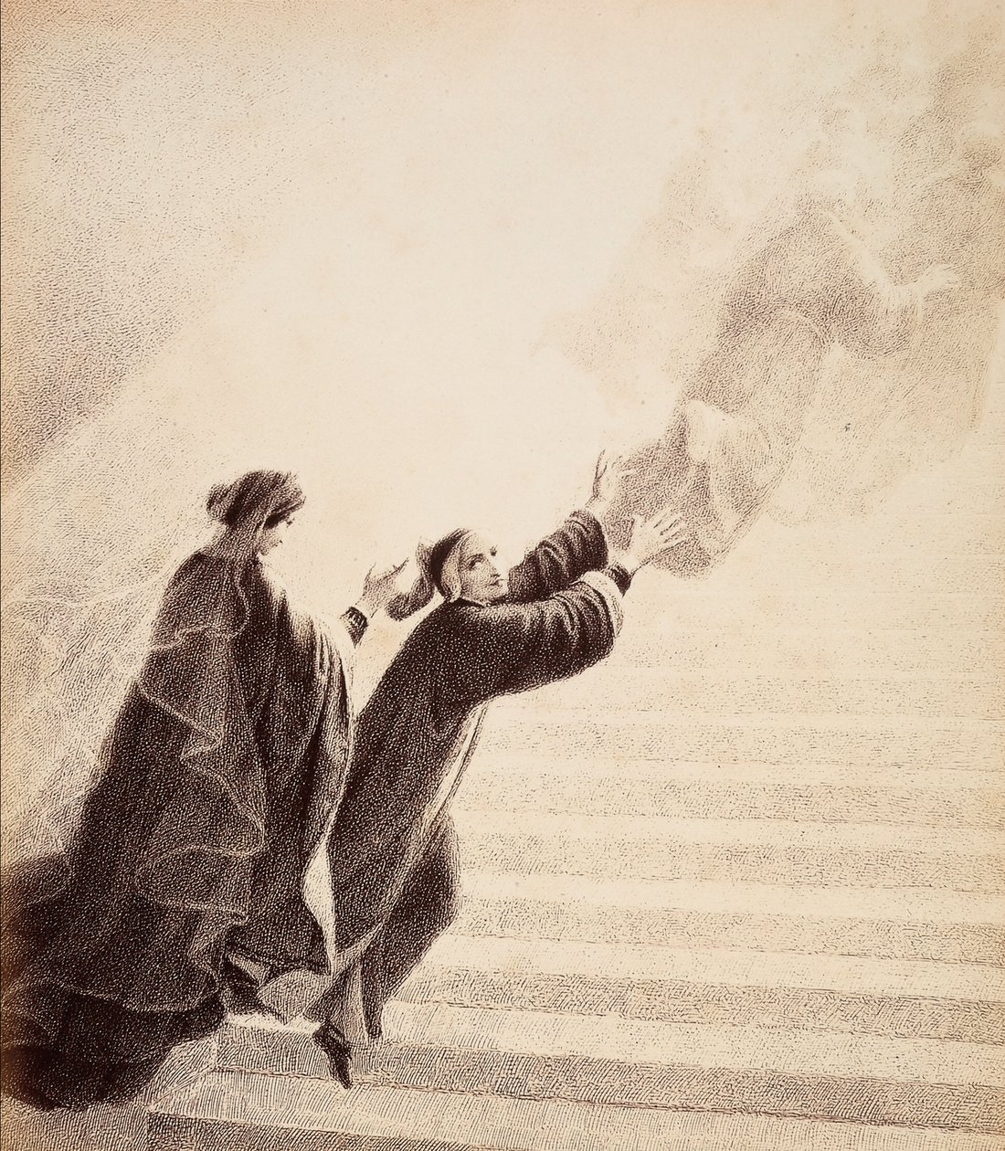 Dante, som drivs av ett enkelt tecken från Beatrice, bestiger den gyllene stegen efter de välsignade andarna. Illustration av Canto XVII i Paradiso i Den gudomliga komedin av Dante Alighieri. Francesco Scaramuzzas verk tillägnat Florens kommun. av Unbekannter Künstler
