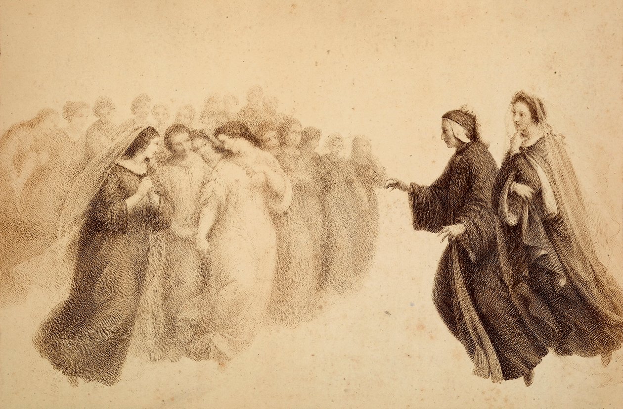 Dante tillsammans med Beatrice och de välsignade andarna. Illustration av Canto XXXIII i Paradiso i Den gudomliga komedin av Dante Alighieri. Francesco Scaramuzzas verk tillägnat Florens kommun. av Unbekannter Künstler