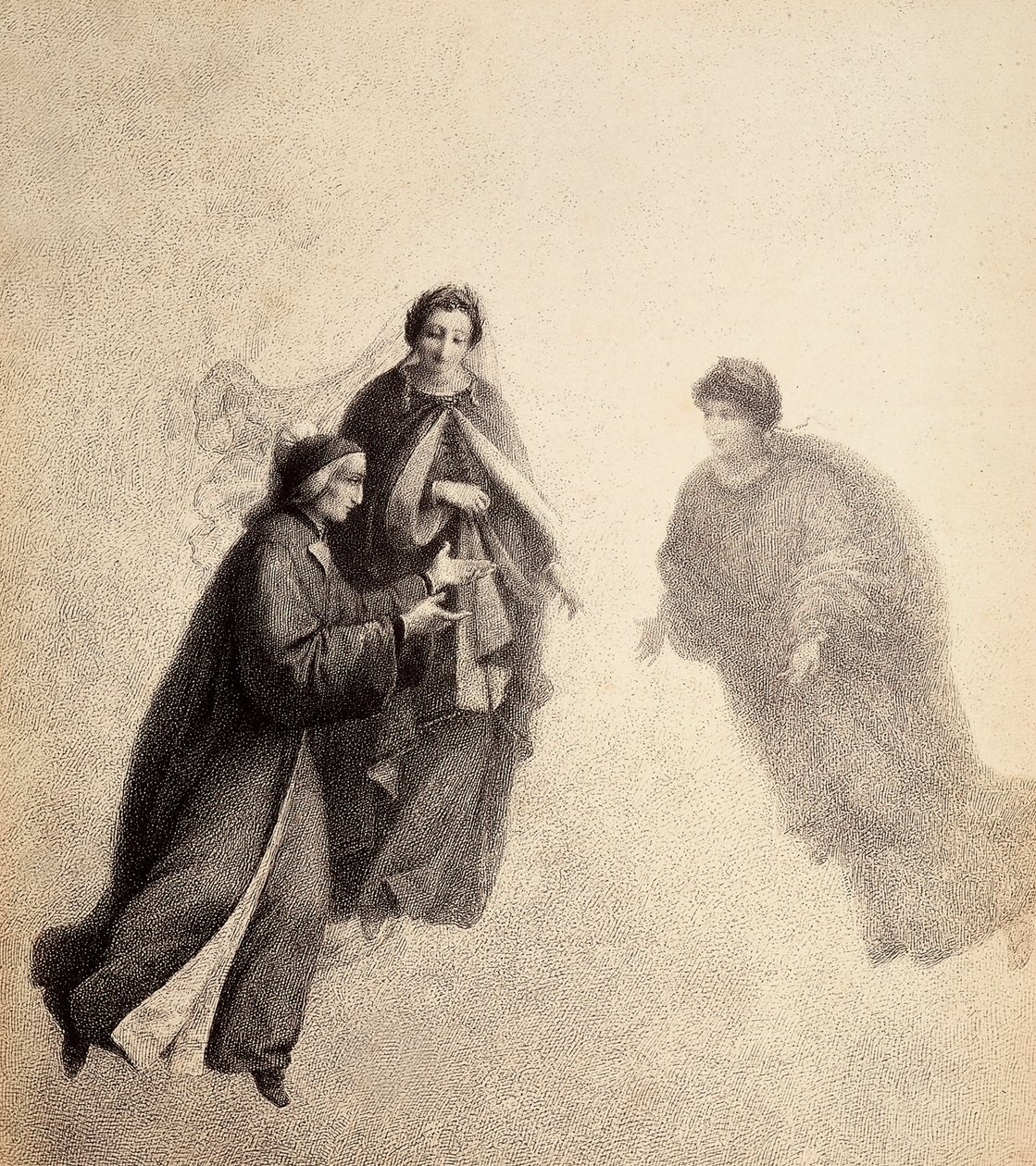 Dante, påhejad av Beatrice, talar med en from ande. Illustration av Canto V av Paradiso av The Divine Comedy av Dante Alighieri. Verk av Franceso Scaramuzza tillägnat Florens kommun. av Unbekannter Künstler