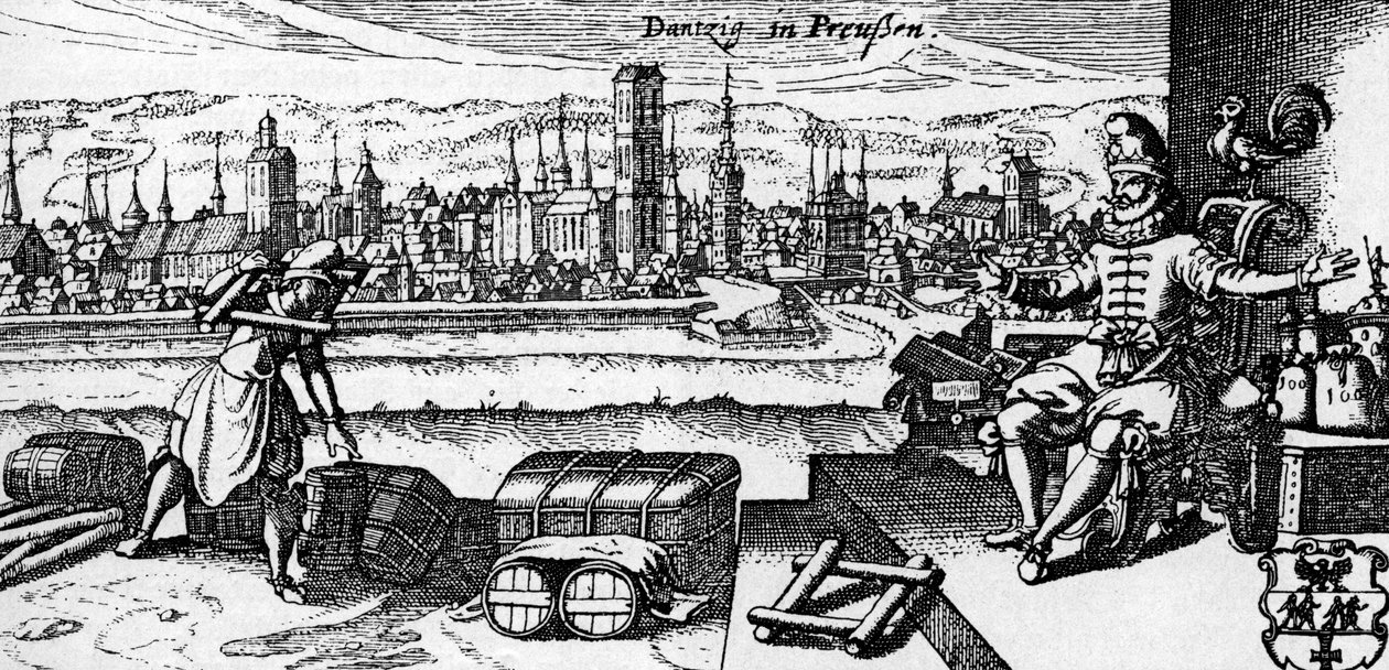 Danzig / Gdansk - vy över staden, ca 1700 (gravyr) av Unbekannter Künstler