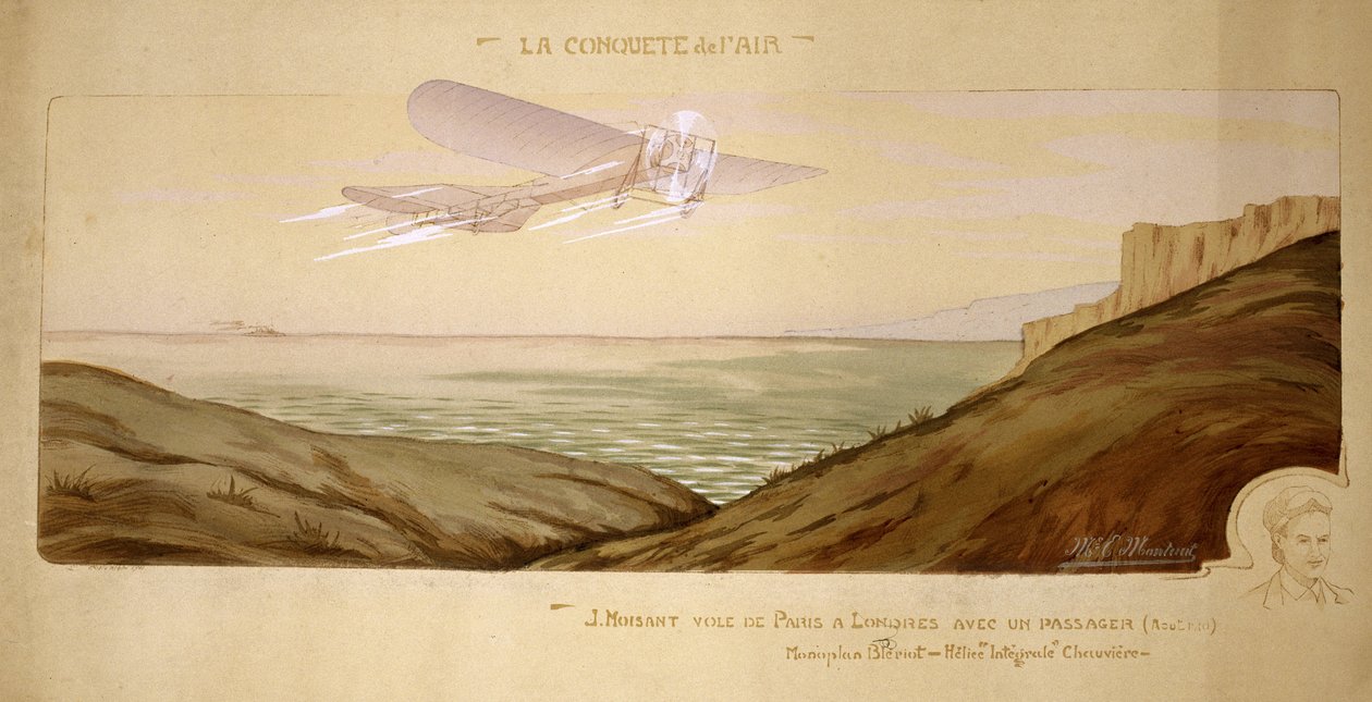 Början av flyget: John Moisant genomförde den första passagerartransporten över Engelska kanalen, med sin mekaniker i sitt tvåsitsiga Bleriot-plan den 17 augusti 1910 av Unbekannt