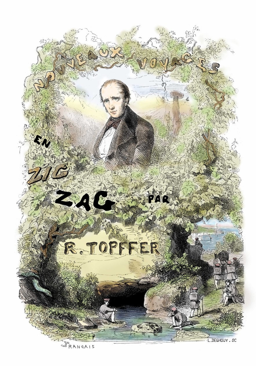 Serietidningens debut: framsidan av "Nouveaux voyages en zig-zag" av Rodolphe Topffer (1799-1846) av Unbekannter Künstler