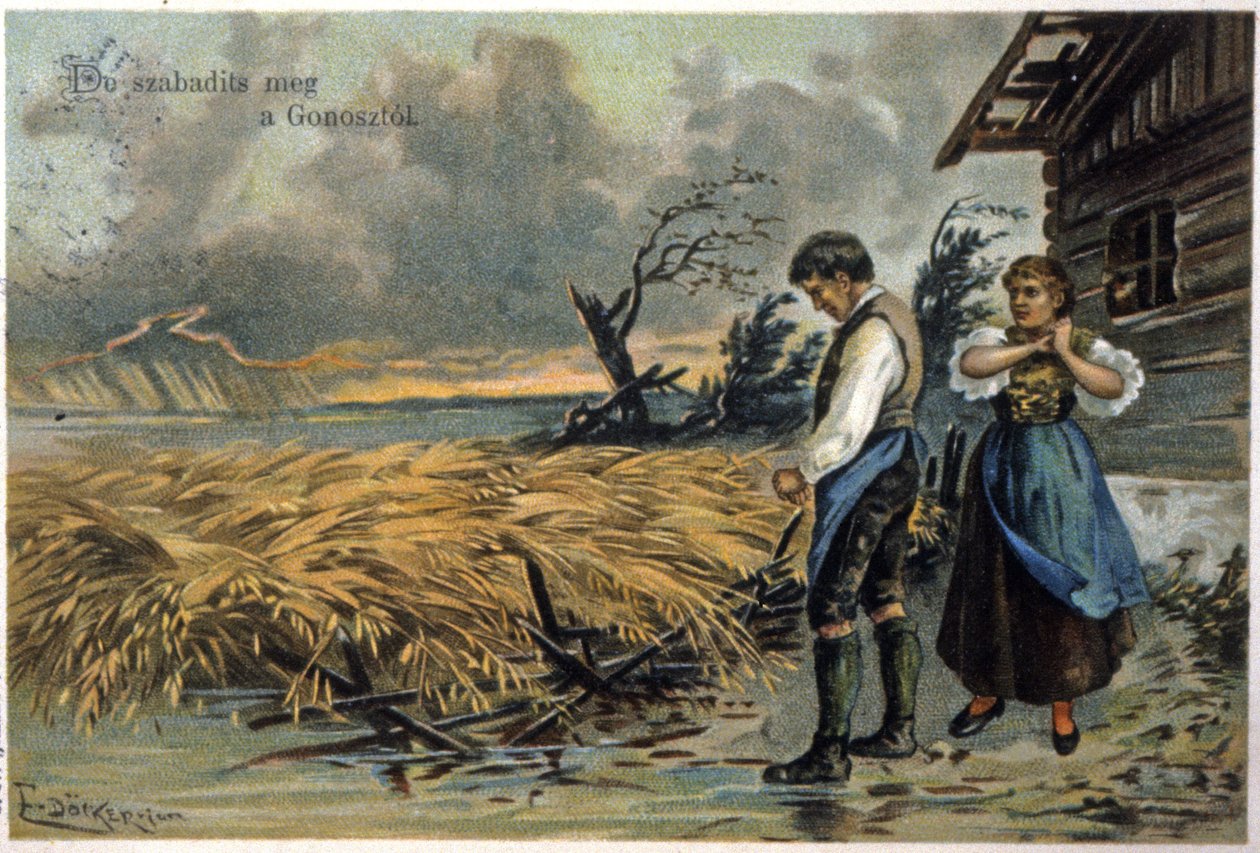 Fräls oss från det onda. Bönder efter stormen. ca 1900 (illustration) av Unbekannter Künstler