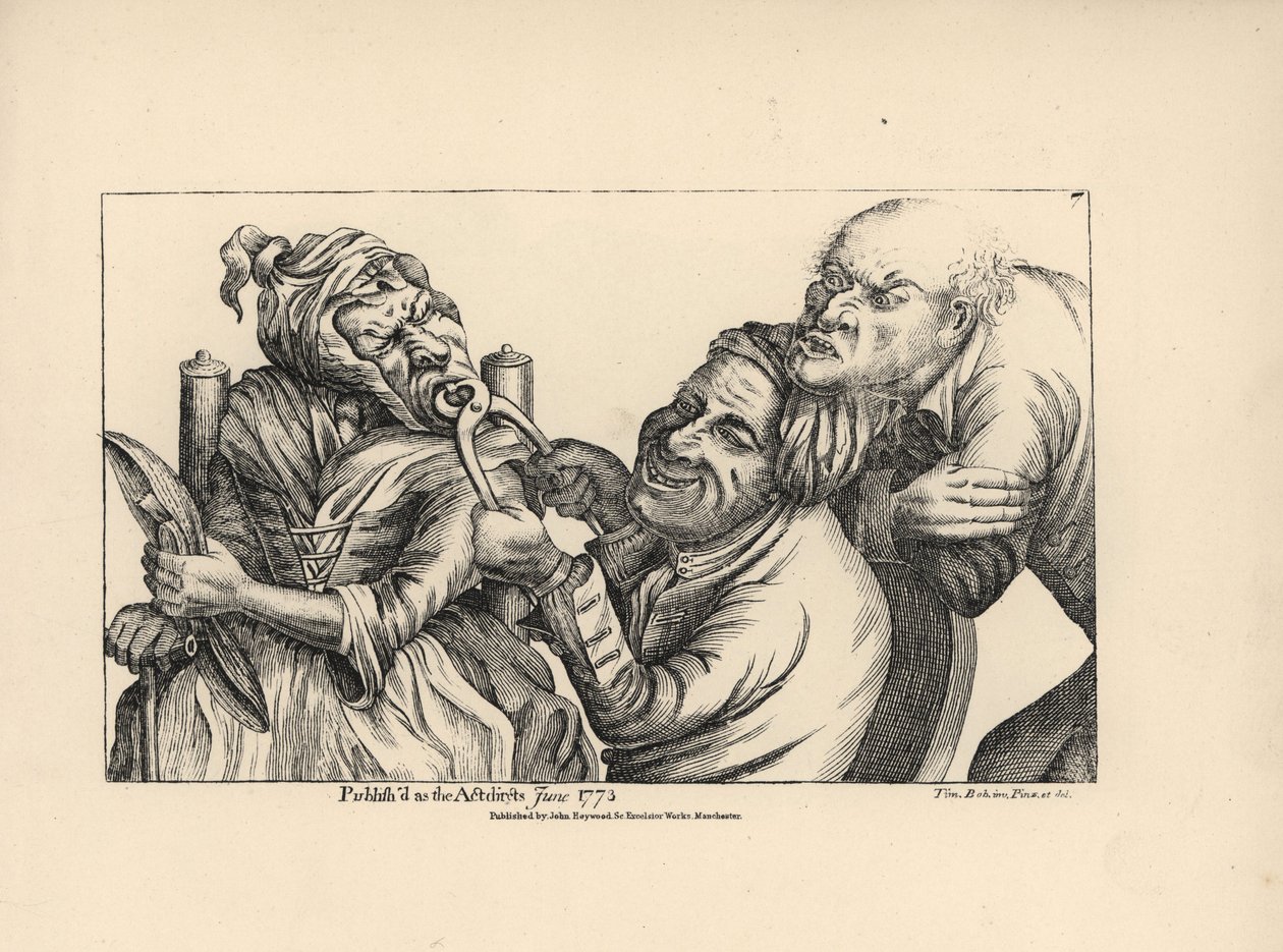 Tandläkare skrattar när han med hjälp av en tång drar ut en dålig tand ur munnen på en gammal kvinna. Kopparstick efter en satirisk illustration av Timothy Bobbin (John Collier) (1708-1786) från Human Passions Delineated, John Haywood, Manchester av Unbekannter Künstler