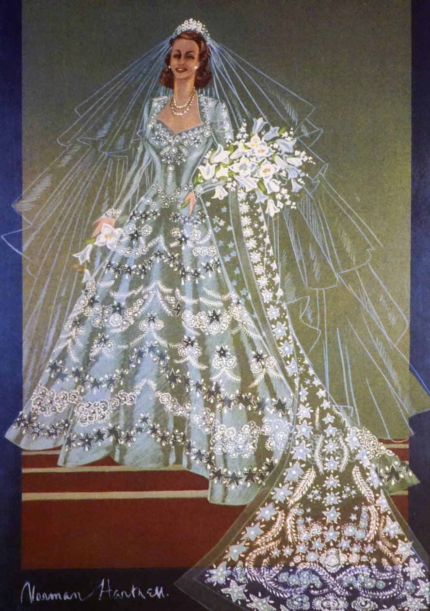 Design för bröllopsklänning av drottning Elizabeth II av Storbritannien av Unbekannter Künstler