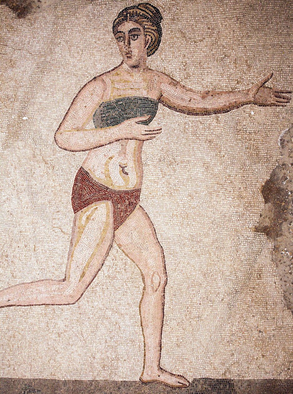 Detalj av de tio jungfrurnas kammare eller mosaiken av "Bikiniflickorna". Löpning. 3:e - 4:e århundradet. Romersk villa i Casale, Sicilien. UNESCO plats. av Unbekannt