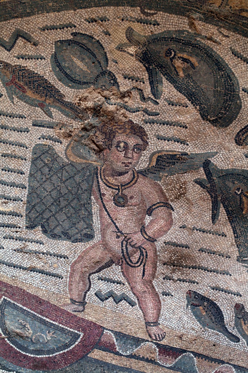 Detalj av fiske Putti mosaiken. Nätfiske. 3:e - 4:e århundradet. Romersk villa i Casale, Sicilien. UNESCO plats. av William M. Timlin