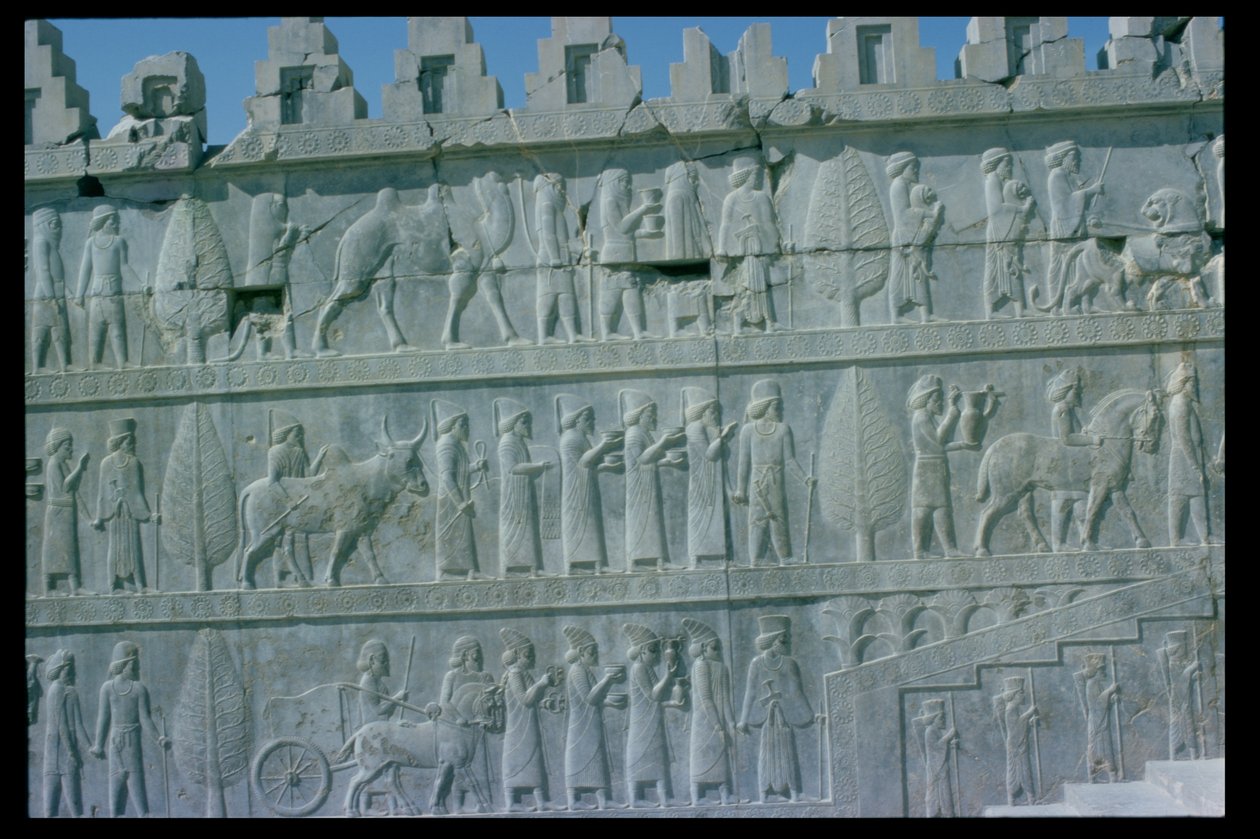 Detalj av relieffrisen på den östra trappan till Apadana (publikens sal) som visar delegater från imperiets undersökta länder med påkostade gåvor för en ceremoni, Achaemenian period, c.515 BC (kalksten) (för detaljer se 112356 & 117115) av Unbekannt