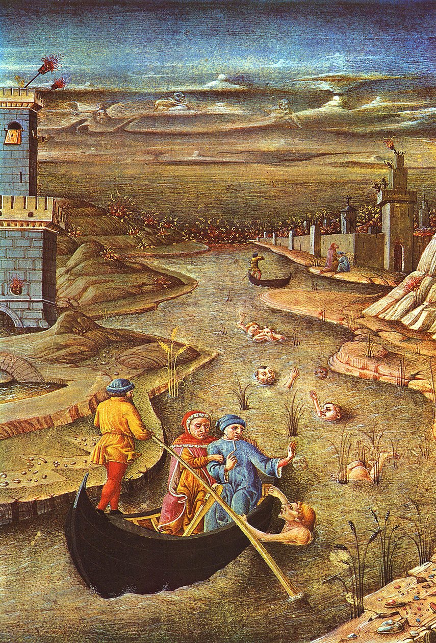Den gudomliga komedin: Dante och Vergilius, som bärs av Charron, möter den fördömde Filippo Argenti (miniatyr) av Unbekannter Künstler