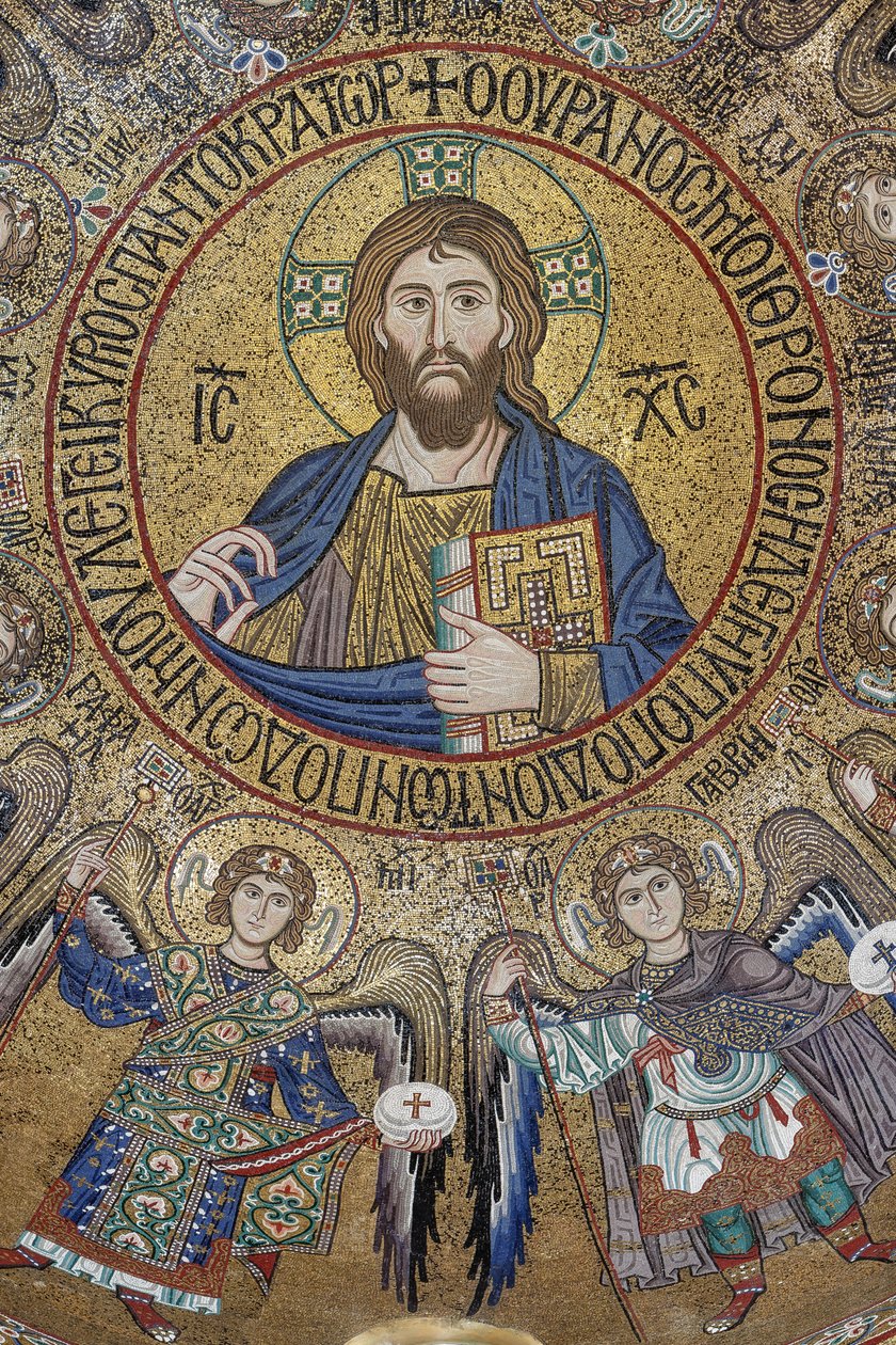 Tvärskeppets kupol: mosaik "Välsignelse Kristus Pantokrator mellan änglar och ärkeänglar", XII-talet, Palatinska kapellet, Kungliga palatset eller Palazzo dei Normanni (Normandernas palats), Palermo, Sicilien, Italien (foto) av Unbekannter Künstler
