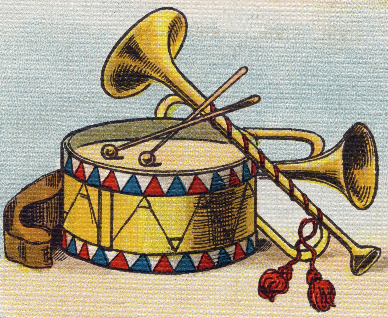 Trumma och trumpet. Gravyr i "Alphabet de ma petite fille". Bernardin-Bechet och Fils, bokhandlare-förlag, Paris, omkring 1895. Okrossbart album på duk. Bibliotheque des Bebes. 12 sidor. Album innehållande en läsmetod och en illustrativ abeceda av Unbekannt