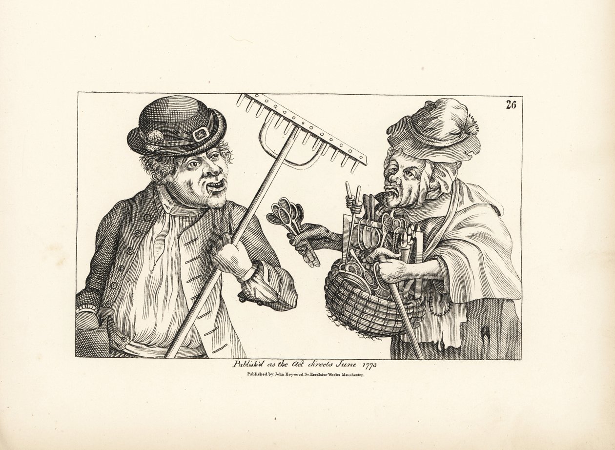 Den berusade bonden Jones köper hela lagret av träverktyg av den gamla skelögda Nan. Kopparstick efter en satirisk illustration av Timothy Bobbin (John Collier) (1708-1786) från Human Passions Delineated, John Haywood, Manchester av Unbekannter Künstler