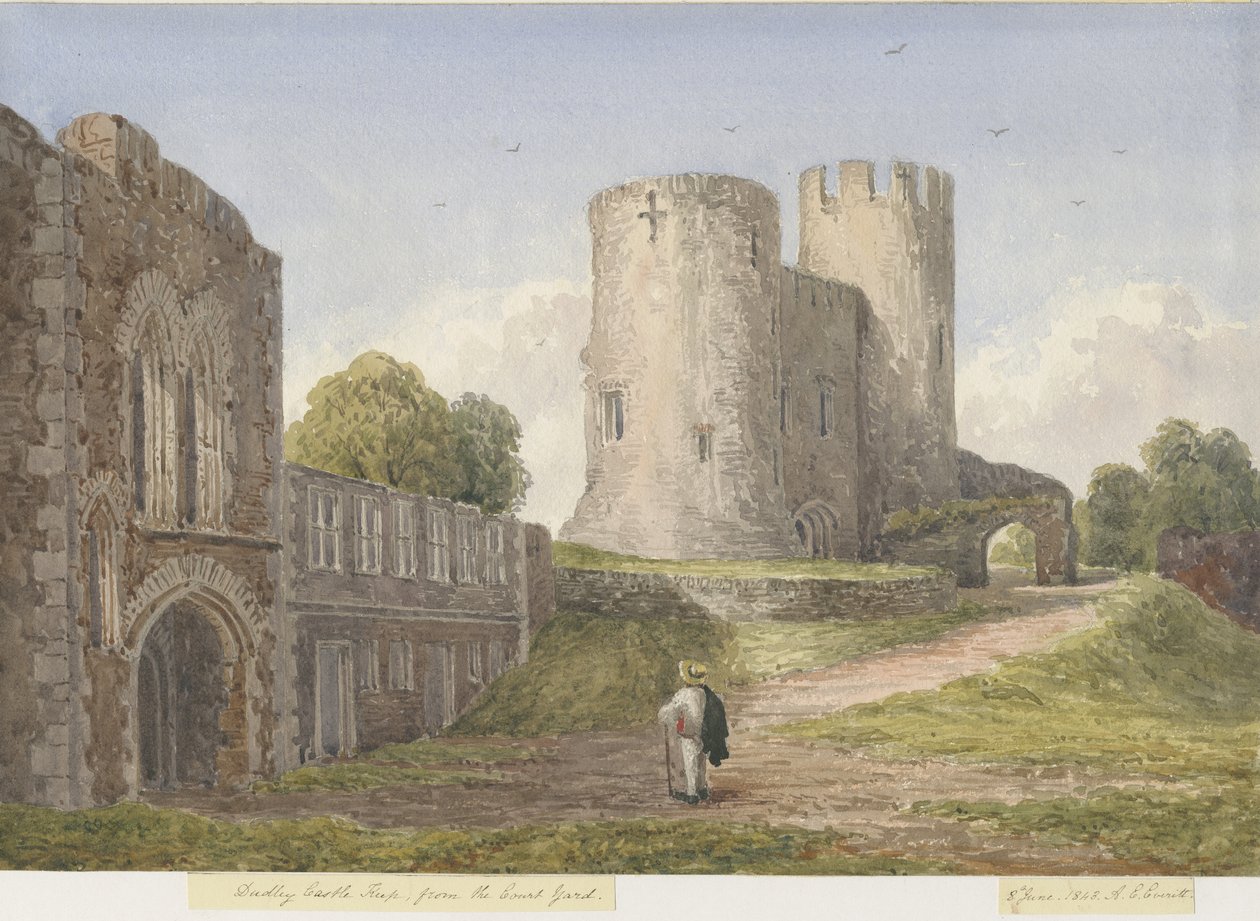 Dudley Castle - The Keep: akvarellmålning, 8 juni 1843 av Unbekannt