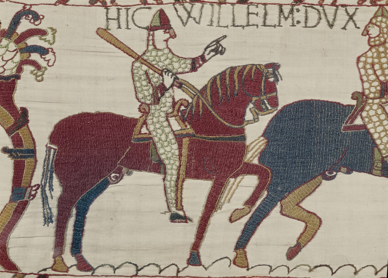 Hertig William uppmanar sina trupper att förbereda sig för striden mot den engelska armén, Bayeux Tapestry (ullbroderi på linne) av Unbekannt