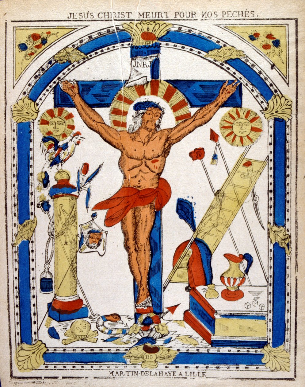 Holländsk 1800-talsillustration som visar den korsfäste Kristus. Träsnitt cirka 1850 av Unbekannter Künstler
