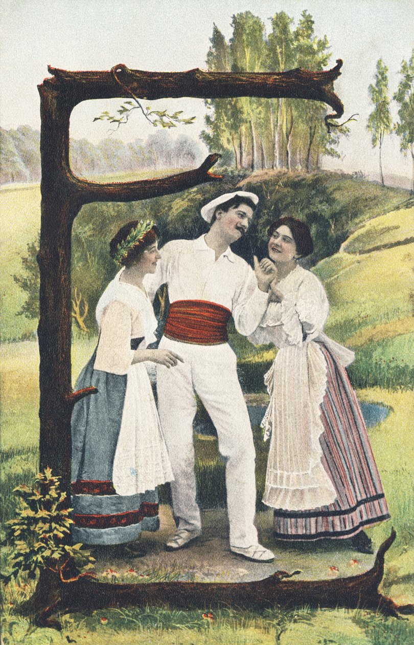 E: En man klädd i vitt och rött står mellan två kvinnor iklädda kjolar, blusar och förkläden. Landsdekor - Alfabettecken Ref Th. E., L. Theochrom - Serie 994. Theodor Eisman, förläggare, Leipzig av Unbekannt