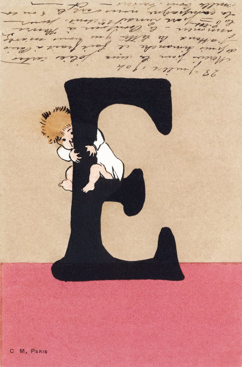 E för kram, kyss - Barnalfabetet. C.M.-redaktör, Paris. Handmålade vykort, frankerade 1904. Mått: 14 x 9 cm av Unbekannt