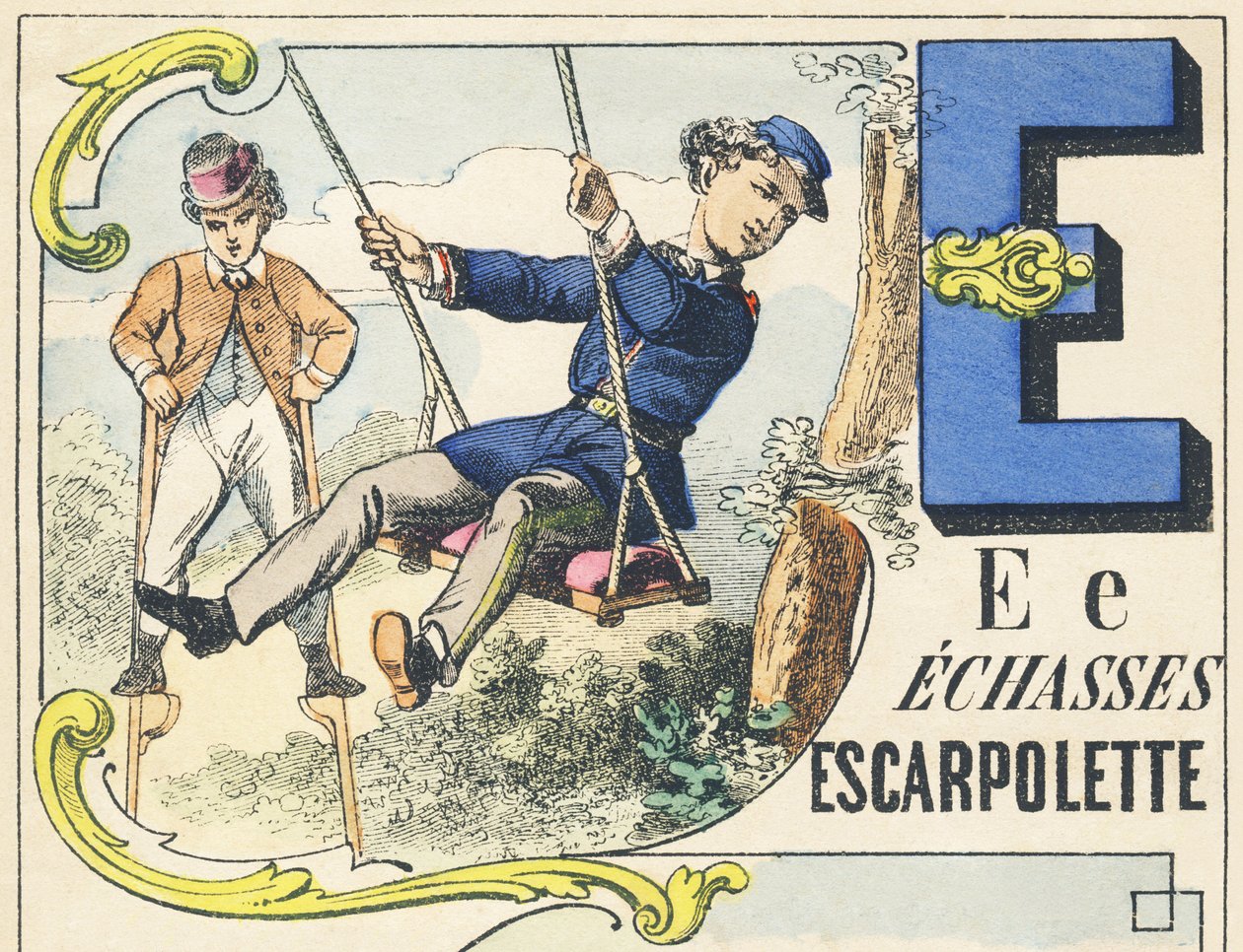 E : echasses, escarpolette - Spelalfabetet, ca 1890 (illustration) av Unbekannt