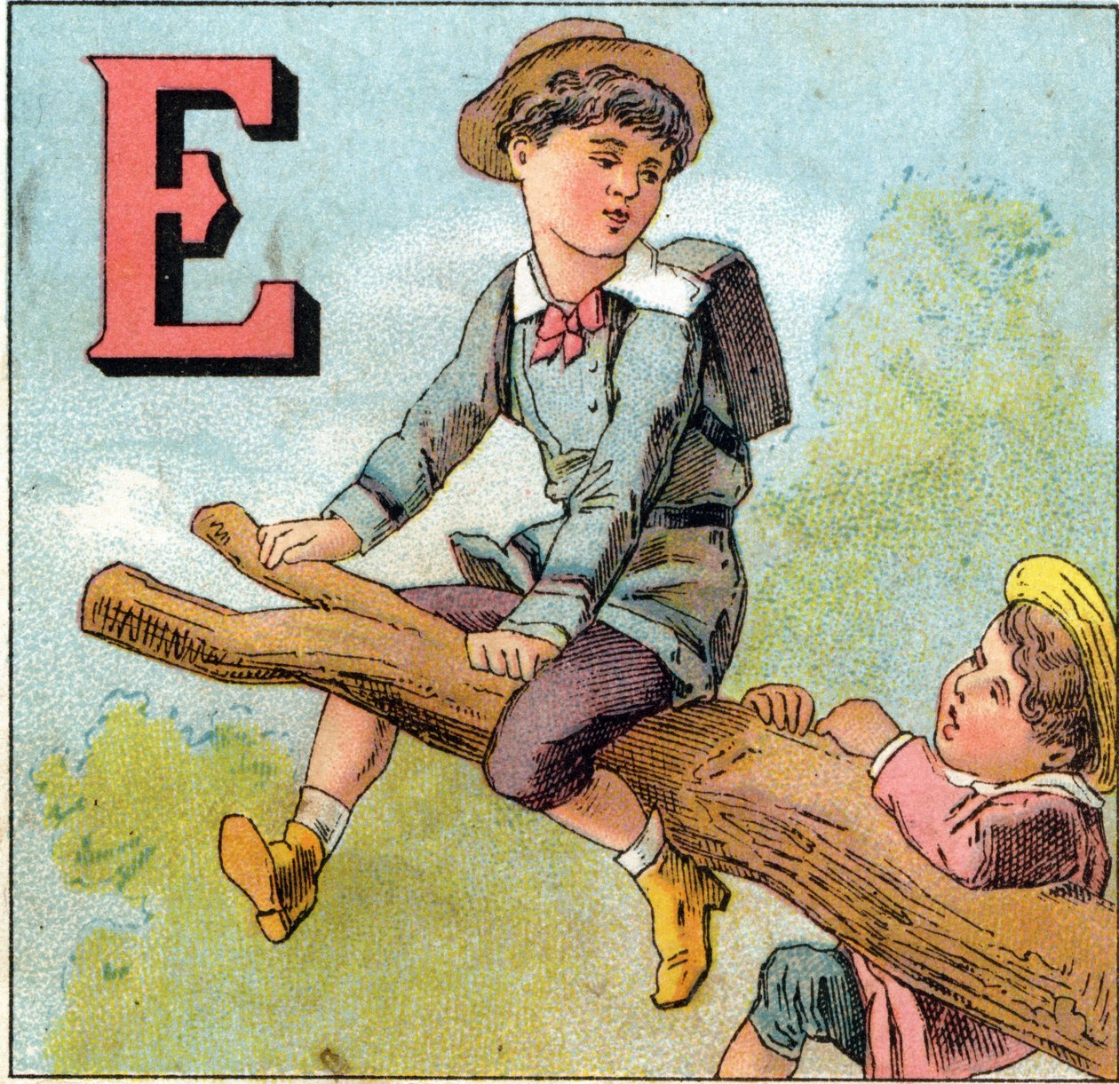 E bokstäver: pojke i balans på en trädgren. Gravyr i "Alphabet des petits ecoliers". Avbildning av Epinal, cirka 1885. Privee Collection av Unbekannt