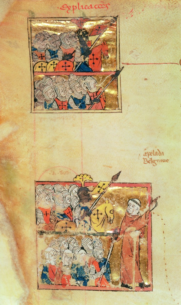 T.ex. 1500 f.45v Två miniatyrer som visar korsfarare som leds av Peter Eremiten, c.1095, Histoire Universelle, c.1286 (vellum) (se 11457 för detaljer) av Unbekannter Künstler