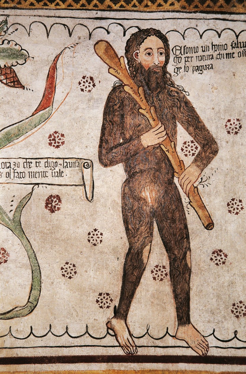 Ego sonto un homo salvadego per natura, chi me ofende ge fo pagura (jag är vild man av naturen, de som förolämpar mig kommer jag att sätta skräck), fresk, Homo Salvadego museum, Sacco, Cosio Valtellino, Lombardiet, Italien av Benjamin Baud