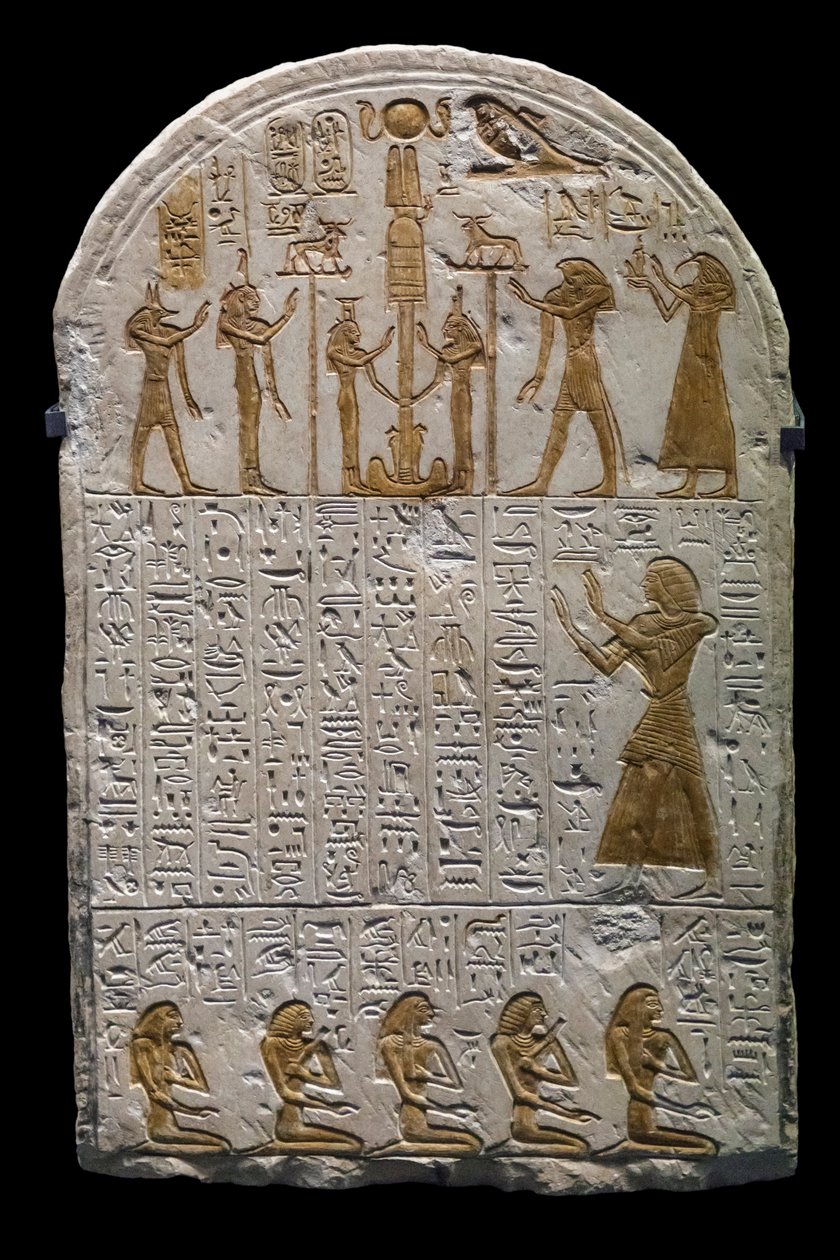 Egyptisk forntid: Stele av Neferhetep, kungens munskänk cirka 1300 f.Kr. 19:e dynastin, Dim 73x49 cm Paris Louvren museum av William M. Timlin