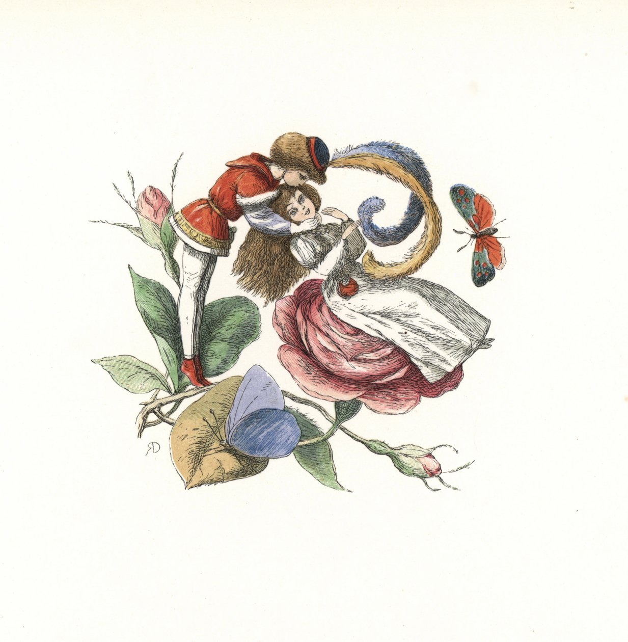 Älva flirtar med en älva på en rosenblomma. Handkolorerat träsnitt av Edmund Evans efter en illustration av Richard Doyle från In Fairyland, a series of Pictures from the Elf World, Longman, London av Unbekannter Künstler