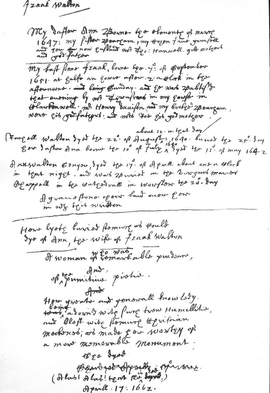 Inlägg av Izaak Walton på hans exemplar av Book of Common Prayer, efter 1662 (penna och bläck på papper) av Unbekannt
