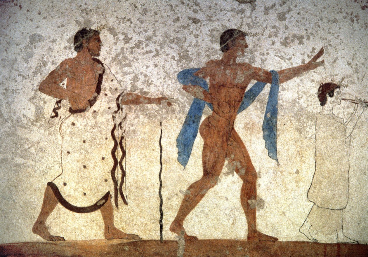 Efebos ungdom föregås av en musiker och en ceremonimästare, från The Tomb of Diver, 480 f.Kr. (väggmålning) av Unbekannter Künstler