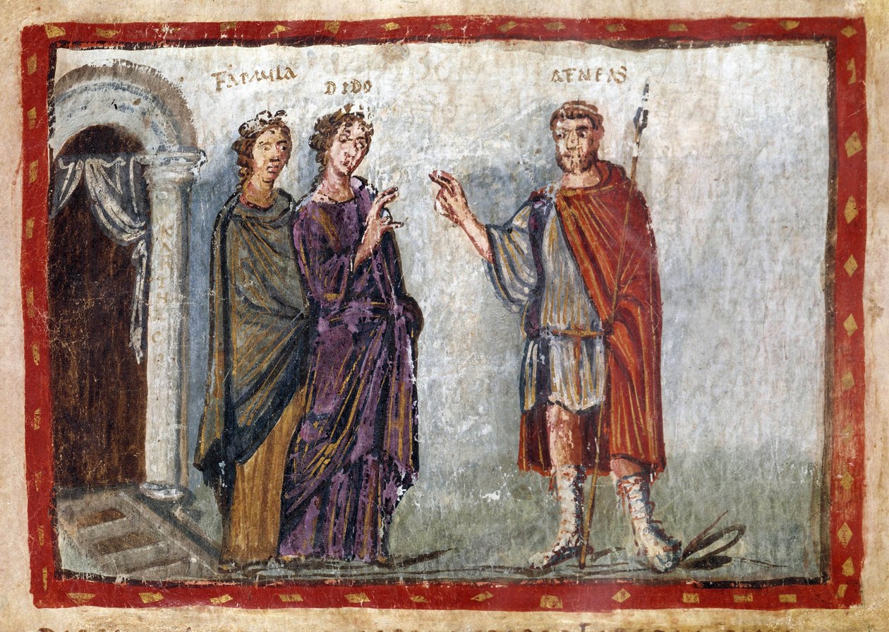 Avsnitt ur Vergilius Aeneiden (70-19 f.Kr.): framställning av Aeneas och Dido. Dido försöker hålla tillbaka Aeneas. Dido grips av förtvivlan och begår självmord. Miniatyr hämtad från "Codex Vaticanus Latinus 3225 eller Vergilius Vaticanus" folio 36. 500-ta av Unbekannter Künstler