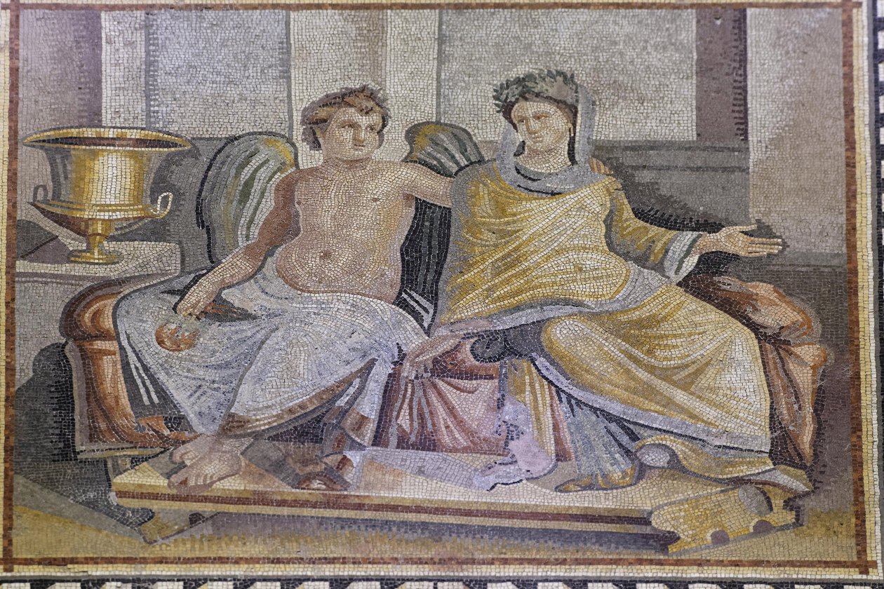 Eros and Psyche, mosaik från Zeugma, Zeugma Mosaic Museum, Gaziantep, Region Sydöstra Anatolien, Anatolien, Turkiet, Asien av Unbekannter Künstler