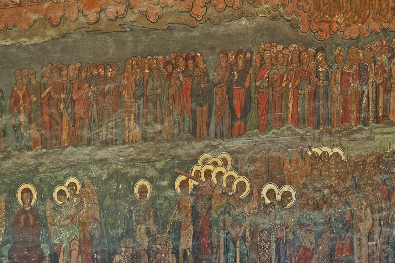Europa, RUMÄNIEN, Bukarest, Patriarkalsk-ortodox katedral (1656), väggfresk bredvid ingången av Unbekannt