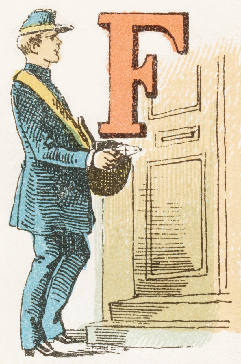 F - Brevbärare - gravyr i: Barnalfabetet. Gordinne editions, ca 1920. Mått: 16,3 x 10 cm. av Unbekannt