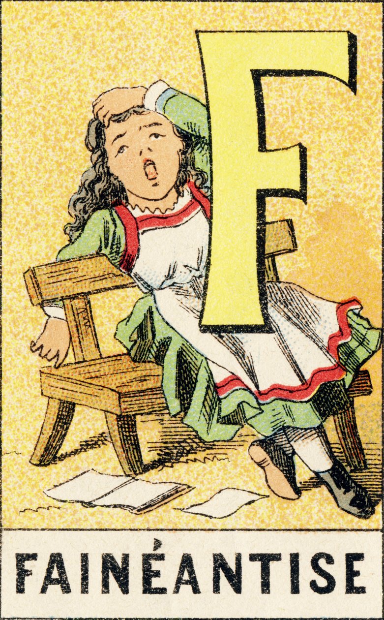 F: Faineantise - Gravyr hämtad från ABCD av små flickor. Pellerin & Cie, tryckare-förlag, Epinal, omkring 1890. Serie A. Mått: 19 x 13,5 cm. av Unbekannt