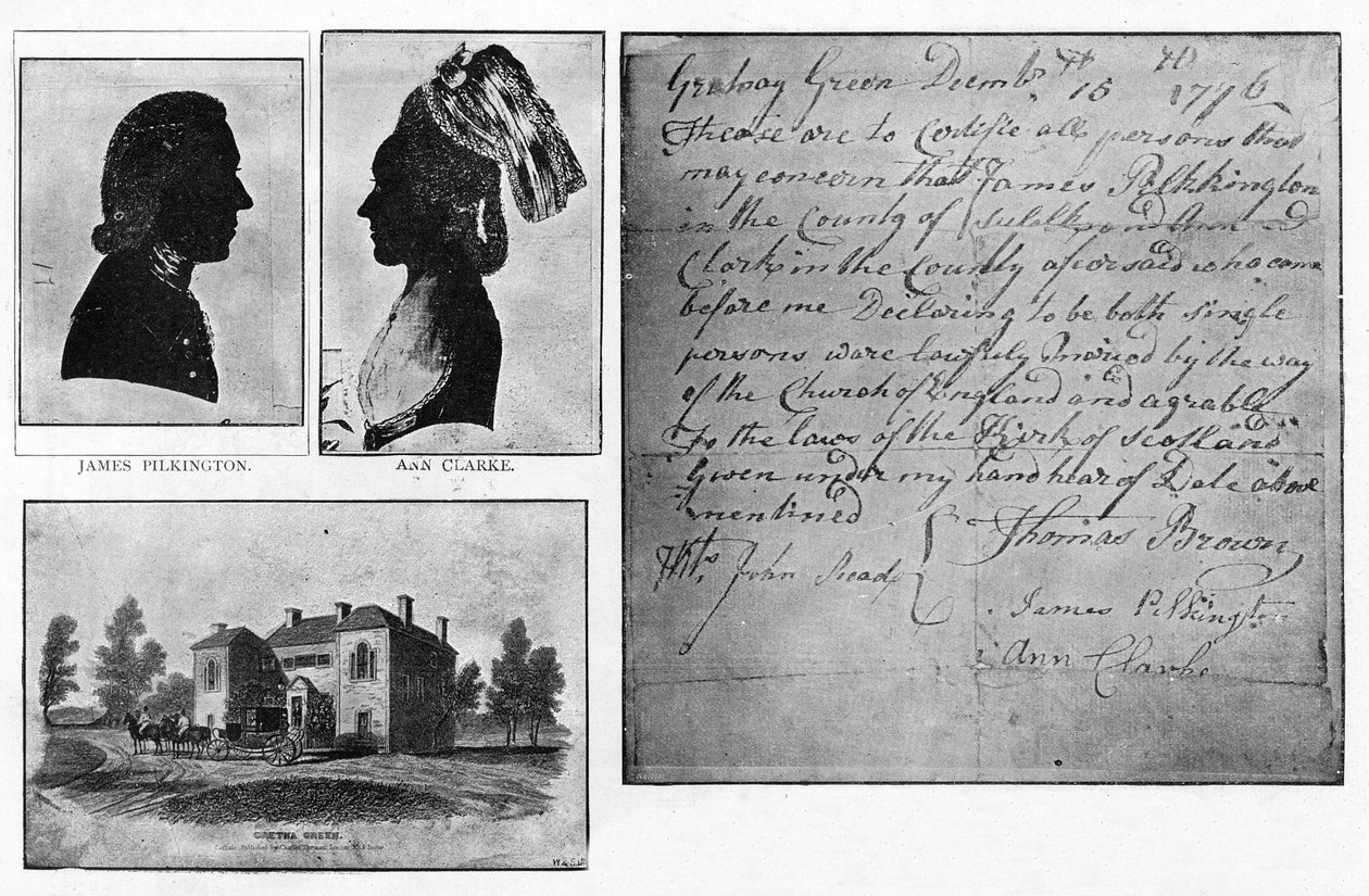 Faksimil av ett Gretna Green Marriage Certificate med porträtt av paret, James Pilkington och Ann Clarke, gifte sig den 16 december av Unbekannt