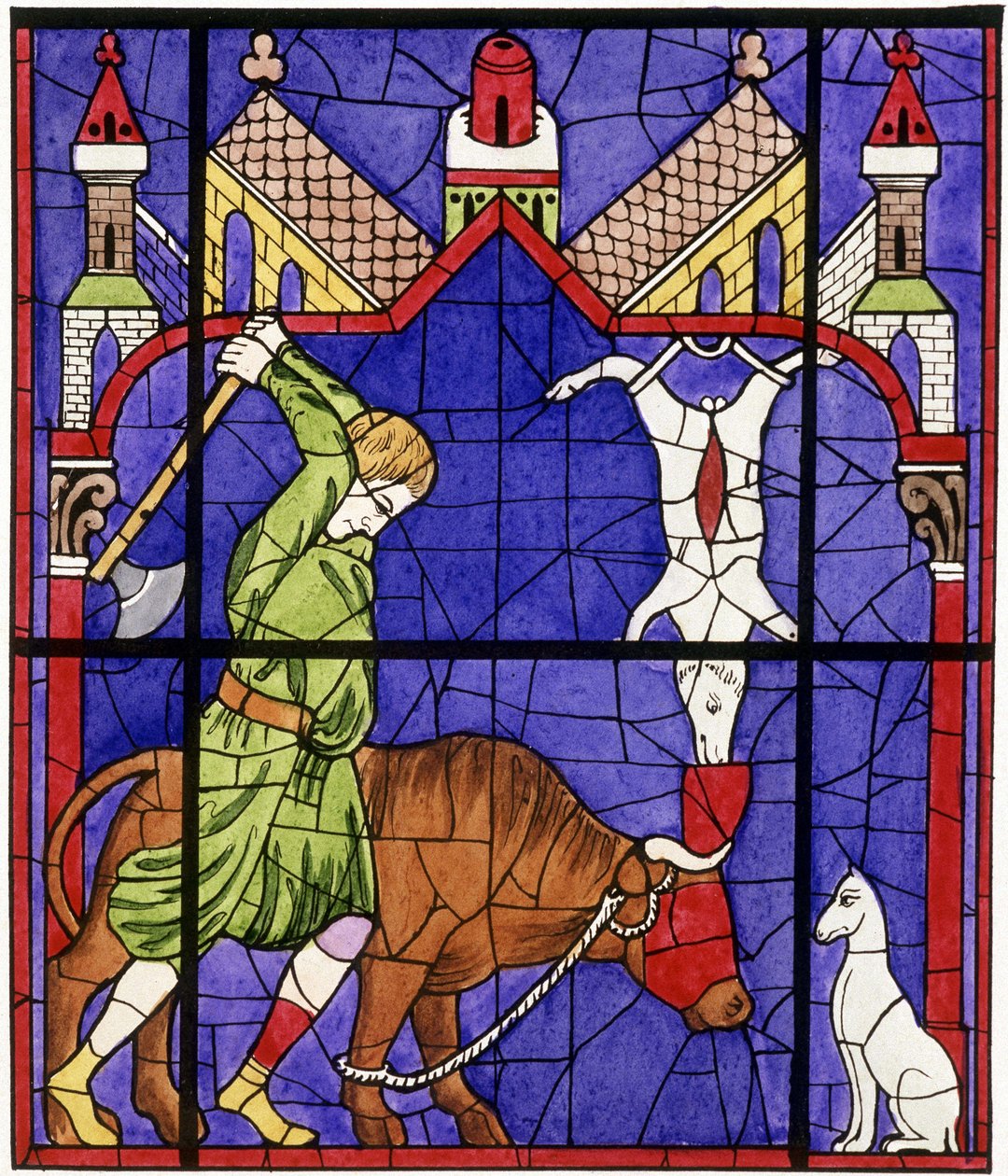 Faksimil av ett målat glasfönster i katedralen Notre-Dame de Chartres föreställande en slaktare av Unbekannter Künstler