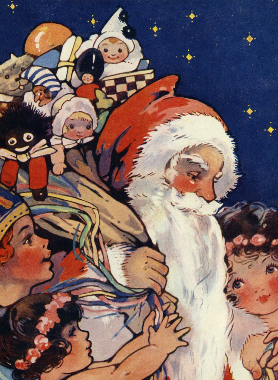 Jultomten med en säck med leksaker till barn av Unbekannter Künstler