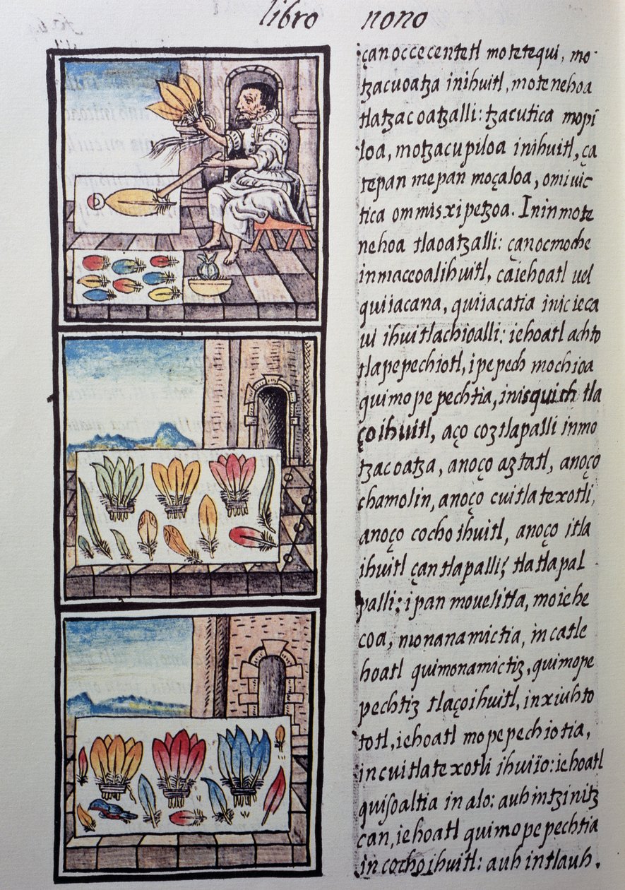 Fjäderbearbetning efter den spanska erövringen, sida från Florentine Codex, tvåspråkig version på spanska och Nahuatl, General History of Things of New Spain, av den spanska missionären Fray Bernardino de Sahagun. Aztekisk civilisation av William M. Timlin