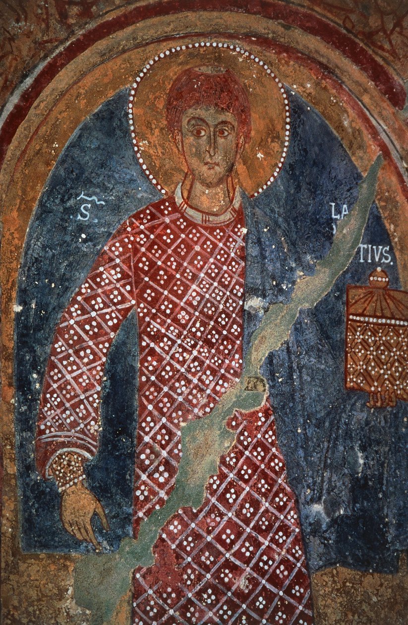Helgonfigur, fresk i St Nicholas kapell (11-1400-tal), Mottola, Puglia, Italien av Benjamin Baud