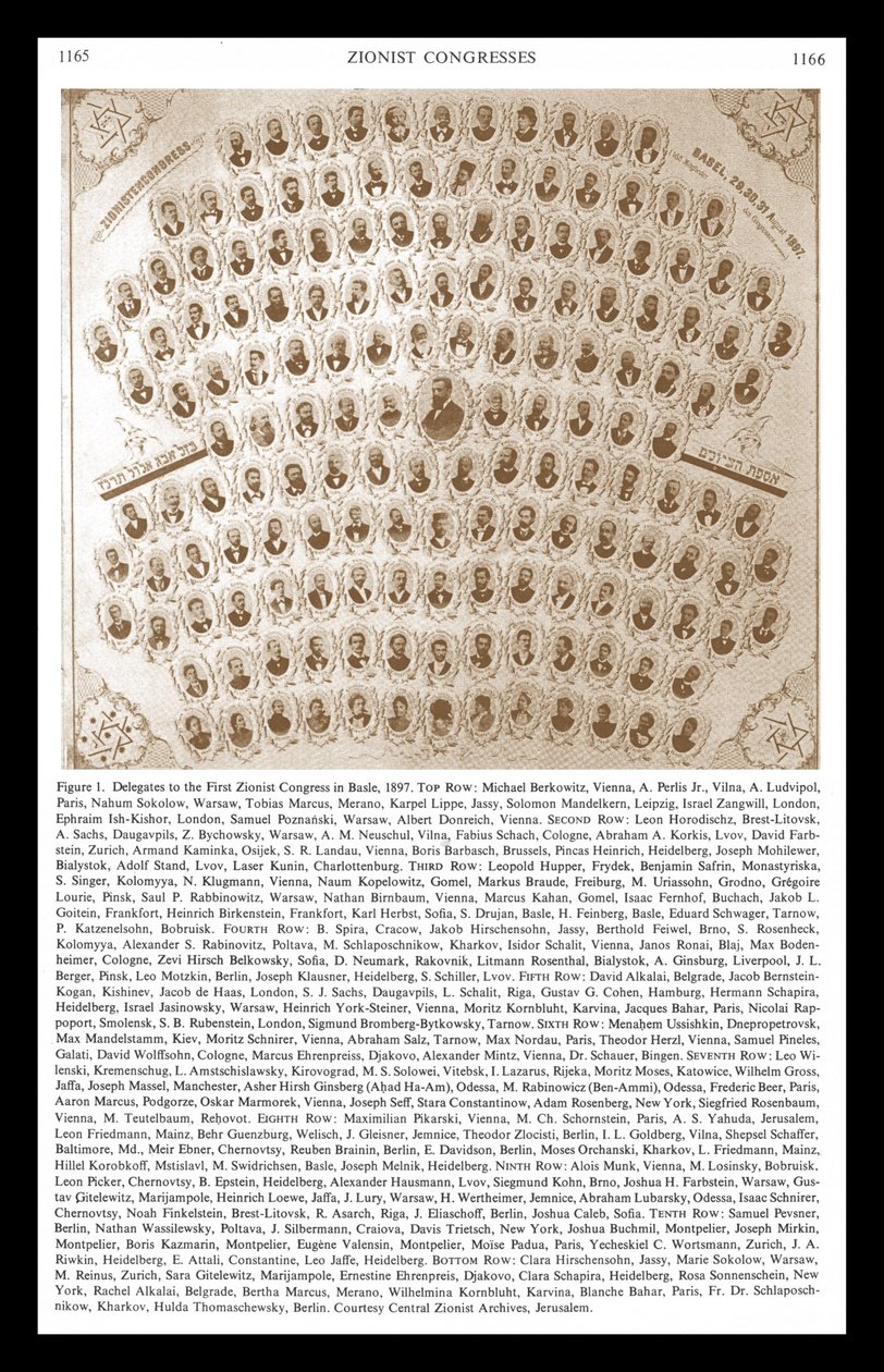 Första sionistkongressen i Basel 1897. Theodor Herzl framträder i centrum av montaget av delegater och ledare av Unbekannter Künstler