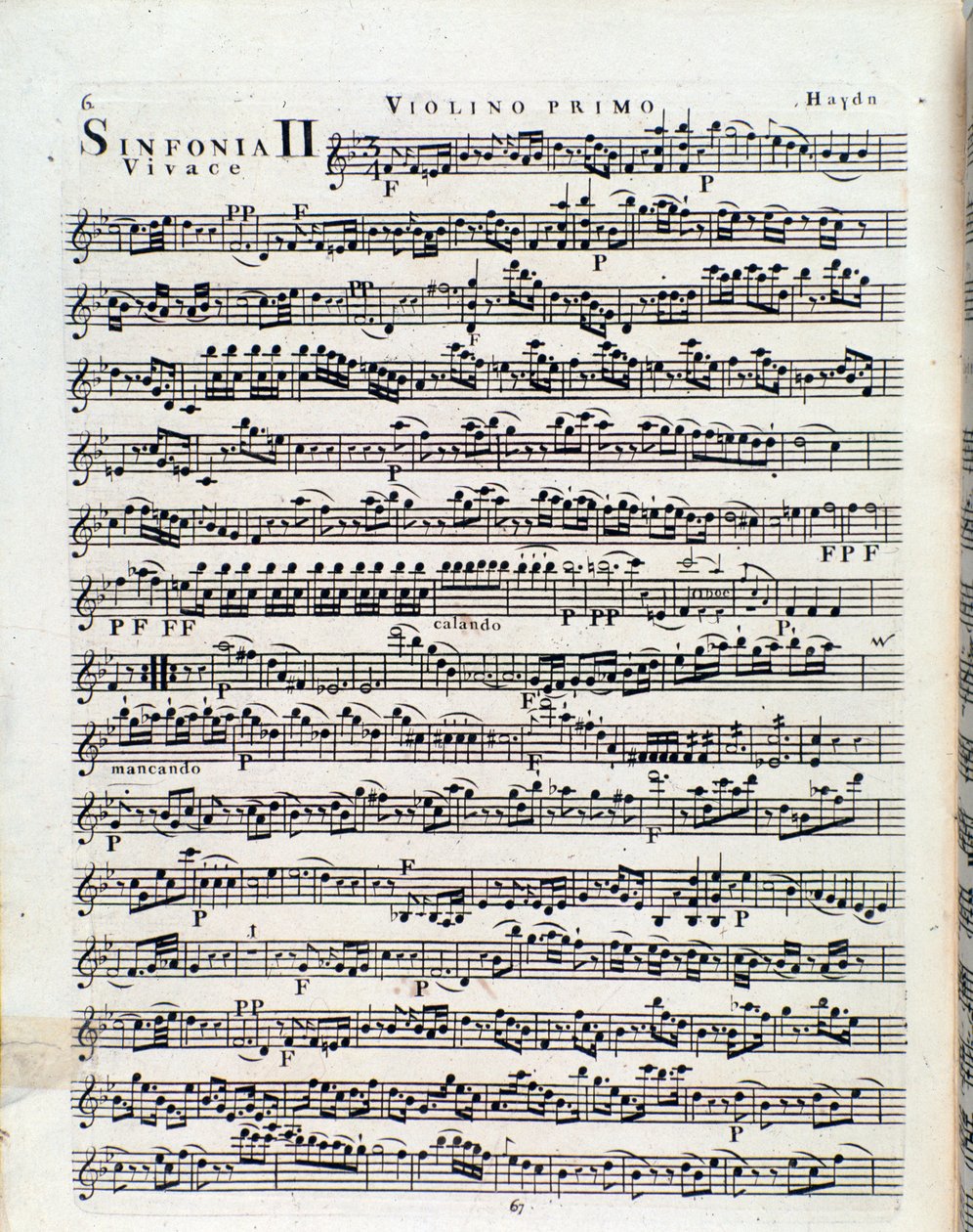 Första sidan av partitur för violin i symfoni nr 2 av J Haydn av Unbekannter Künstler