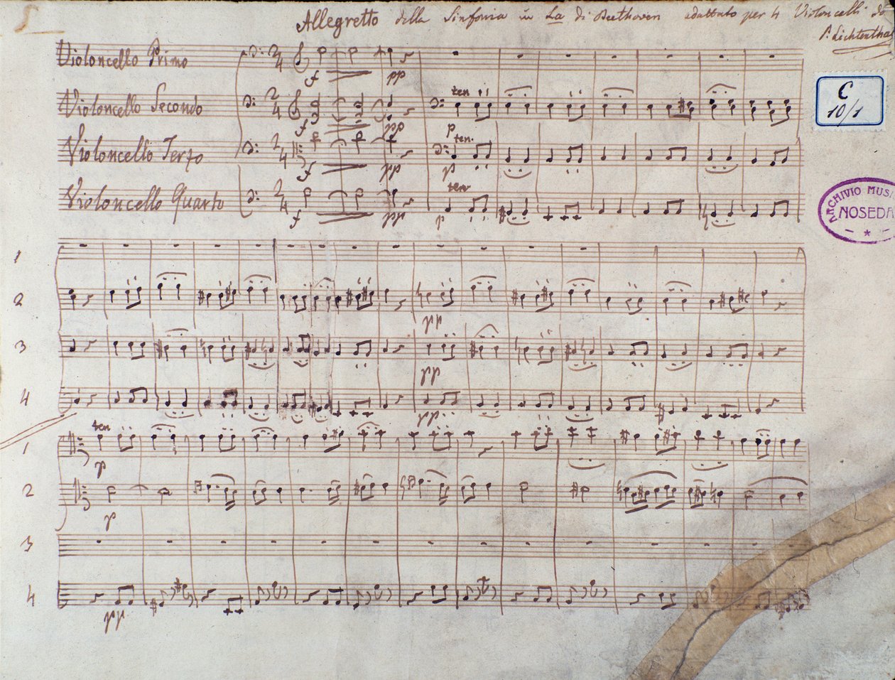 Första sidan av partituren för fyra cellos av Symphony n. 7 sv A-dur, op. 92, av Ludwig van Beethoven av Unbekannter Künstler