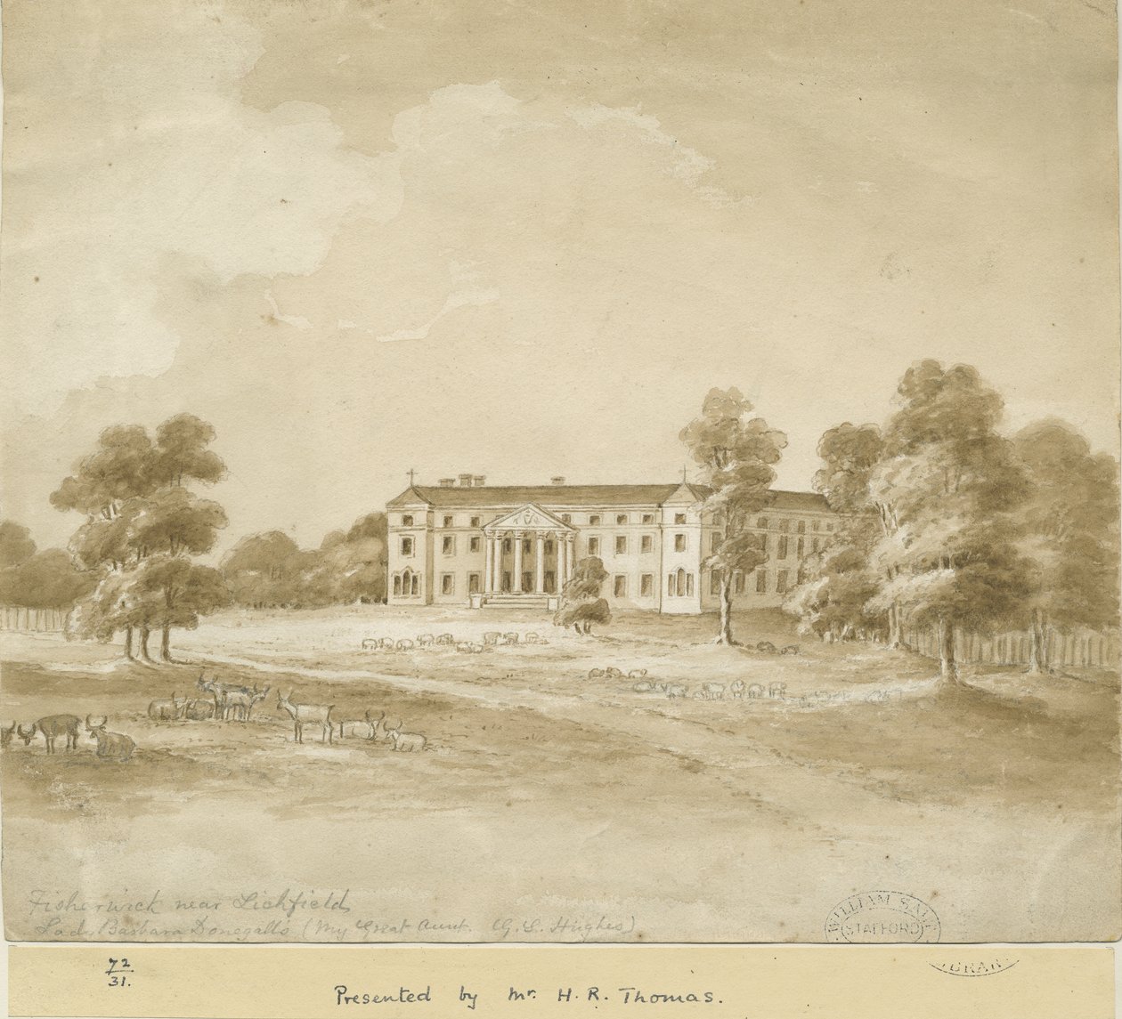 Fisherwick Hall: sepiatvättteckning, nd [? 1800-talet] av Unbekannt