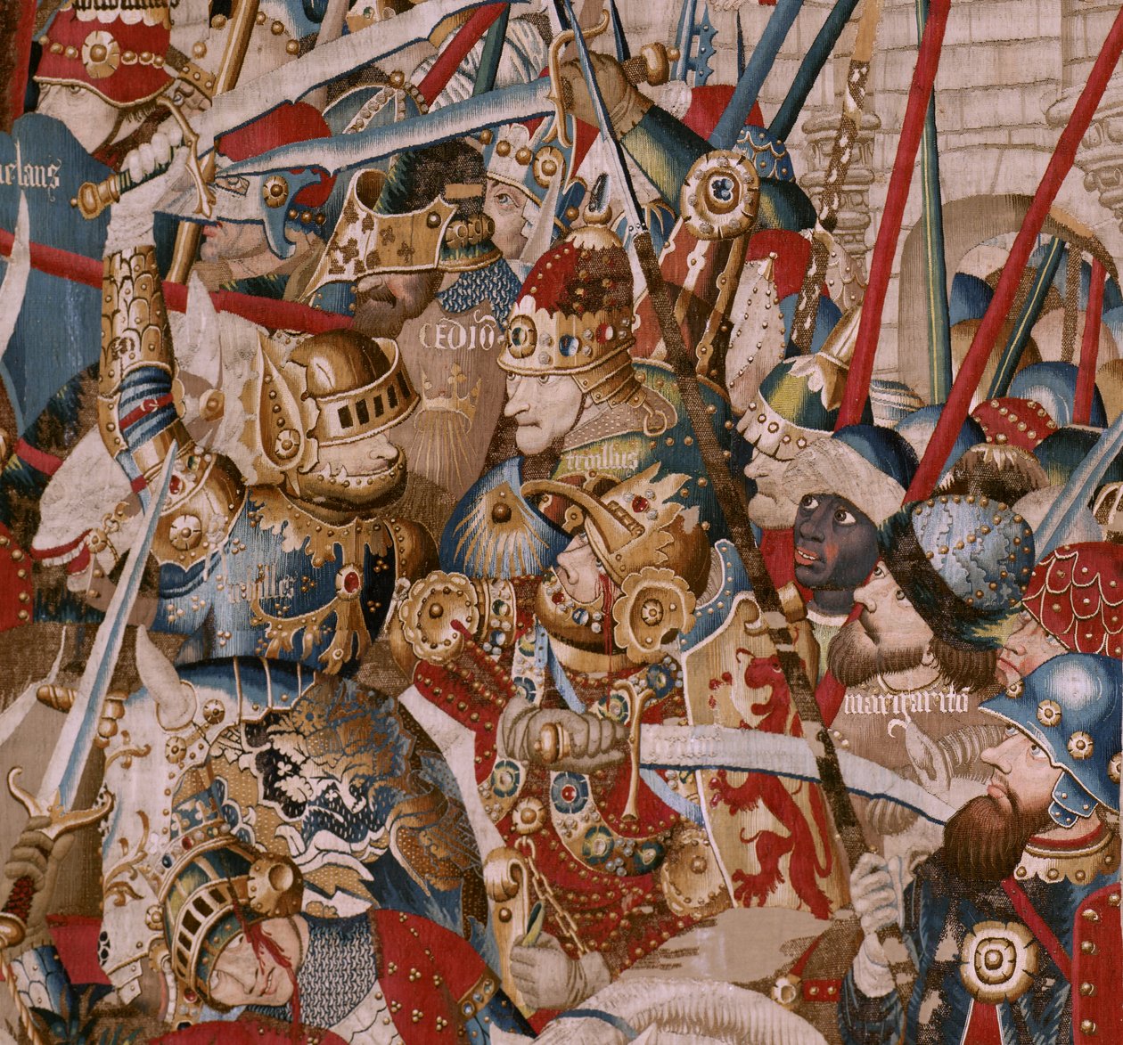 flamländsk gobeläng. Serien Det trojanska kriget. Akilles tält (La Tienda de Aquiles). Sjätte gobelängen i serien. Modell Coëtivy Master (Henry eller Conrard de Vulcop). Tillverkar Tournai-verkstäder. Ca 1470. Tyg Ull och siden, 6/7 varp per cm. Storlek 46 av Unbekannt