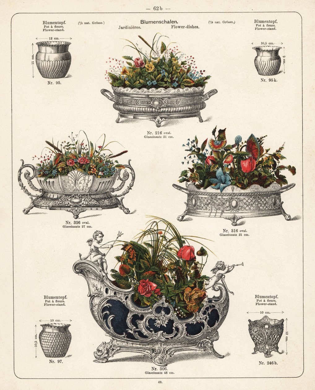 Blumenständer, Blumenschalen, Vasen und Jardinièren. Lithographie aus einem Katalog von Metallwaren der Württembergischen Metallwarenfabrik, Geislingen, Deutschland von Unbekannter Künstler