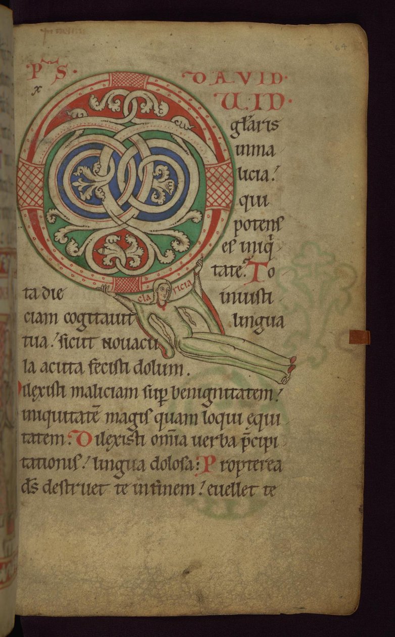 Folio 64 från Claricia Psalter: Claricia Swinging on Initial Q, sent 1100 - tidigt 1200-tal av Unbekannt